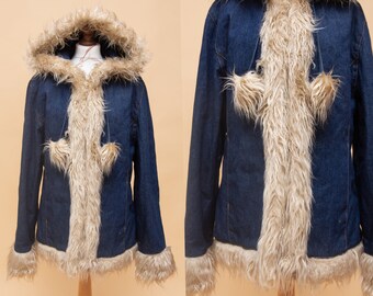 Super groovy faux fur vegan coat with hood. Almost Famous vibes jeans boho jacket