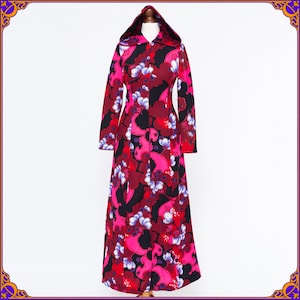 Ultra RARE Vintage psychedelic 60s 70s hooded dress. 1970s dress with hood zip front / 70s hippie dress/ vintage neon boho dress. Size SMALL