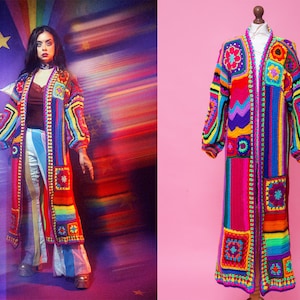 Wonderful &quot;F A N T A S Y&quot;  multicolor hand knitted crochet coat. 100% HANDMADE neon colorful  trippy coat. Rainbow crochet coat. 70s coat.