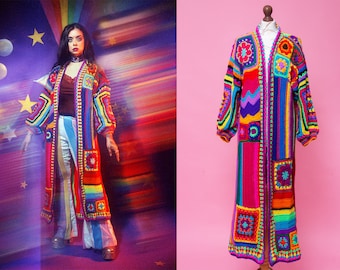 Wonderful "F A N T A S Y"  hand knitted crochet coat. TRUE HANDMADE with love neon colorful  trippy crochet coat