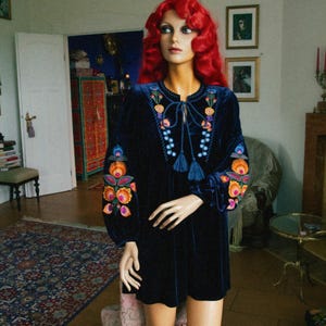 Velvet fantasy dress with huge balloon sleeves and intricate floral embroidery. 70s hippie boho festival long sleeve velvet dress (Size S) image 4