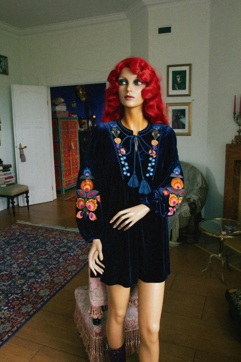 Velvet fantasy dress with huge balloon sleeves and intricate floral embroidery. 70s hippie boho festival long sleeve velvet dress (Size S) image 4