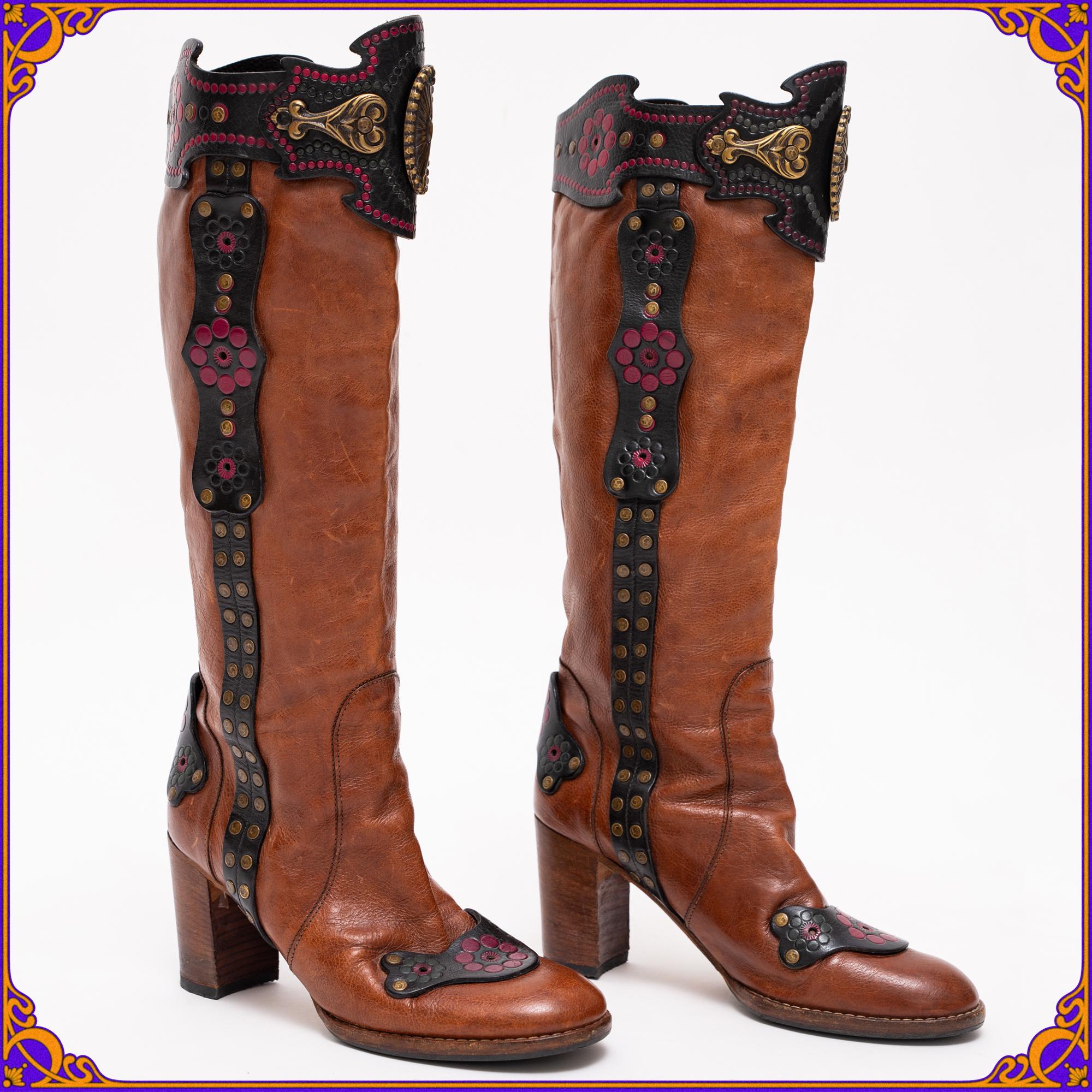 希少Anna Sui ブーティ 装飾ヒール ブラウン　猫足　23 y2k Vintage Anna Sui Cowboy Boots Rare Collector Designer Runway Over