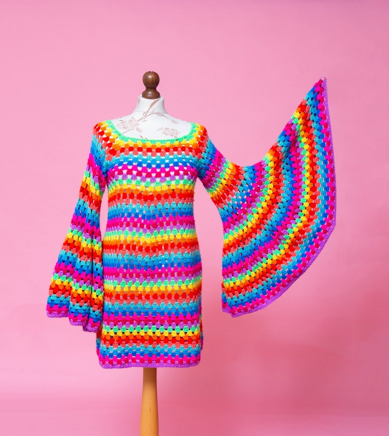 Magical psychedelic FANTASIA NEON 1970s inspired psych mod rainbow bell sleeve crochet dress. image 1