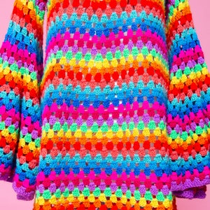 Magical psychedelic FANTASIA NEON 1970s inspired psych mod rainbow bell sleeve crochet dress. image 4