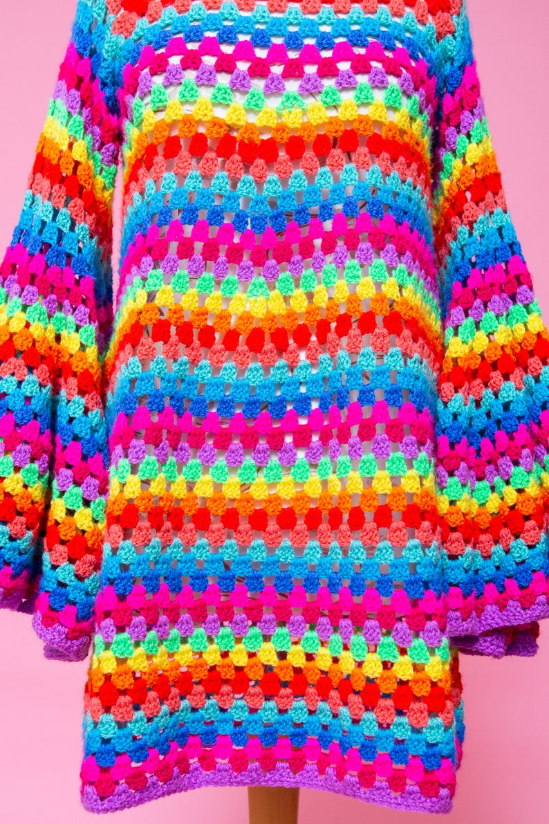 Magical psychedelic FANTASIA NEON 1970s inspired psych mod rainbow bell sleeve crochet dress. image 4