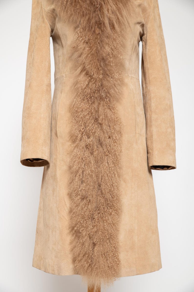 Vintage Penny Lane coat beige real curly fluffy llama mongolian fur trim boho hippie afghan spring real suede leather jacket • Size S image 6