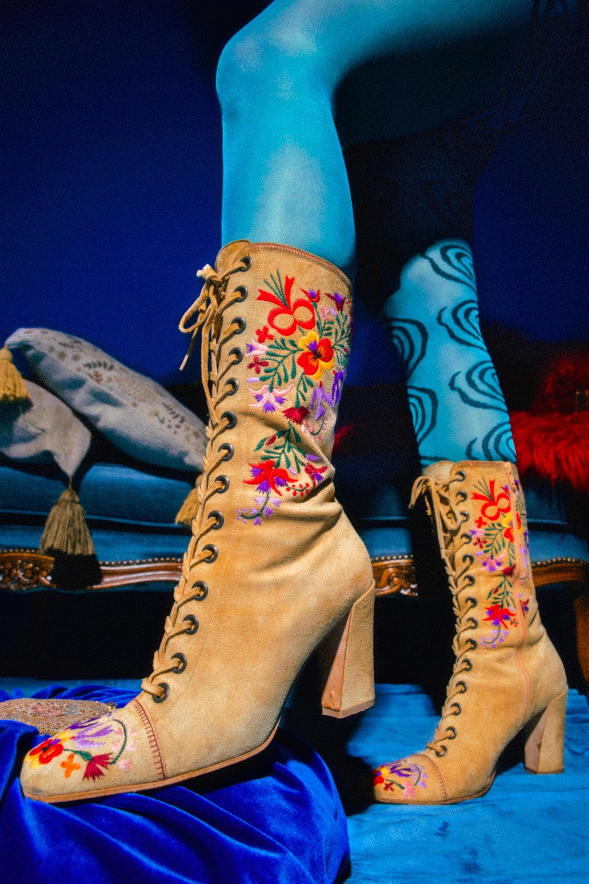 Vintage MIU MIU Suede Boots Floral Embroidery Designs Lace up Gogo