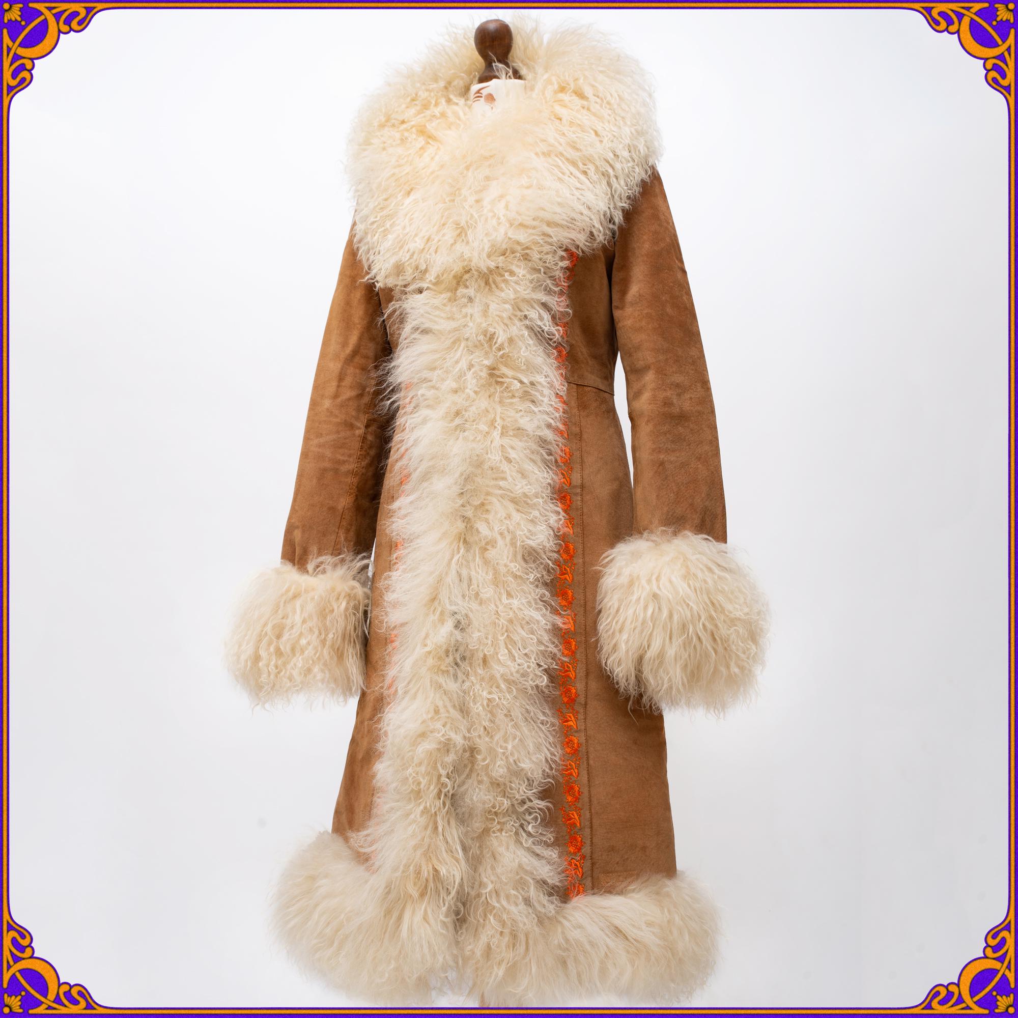 Vintage Penny Lane Coat Real Lama Mongolian Fur Embroidered Suede