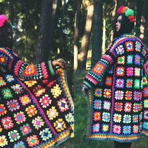 Rainbow psychedelic granny square colorful crochet coat. True handmade 70s inspired hippie afghan coat