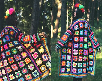 Rainbow psychedelic granny square colorful crochet coat. True handmade 70s inspired hippie afghan coat