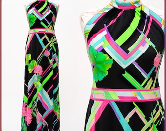 robe vintage des années 70 LEONARD Paris Maxi robe de cocktail en jersey psychédélique color block : imprimé floral néon arc-en-ciel, taille S