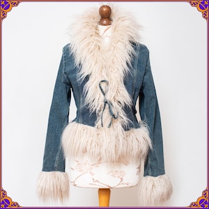 Shaggy 1960s 1970s jeans & faux fur vegan PENNY LANE coat. Almost Famous vibes. Afghan y2k coat. Faux fur denim jacket. Size M