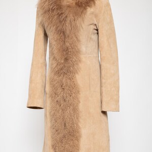Vintage Penny Lane coat beige real curly fluffy llama mongolian fur trim boho hippie afghan spring real suede leather jacket • Size S image 9