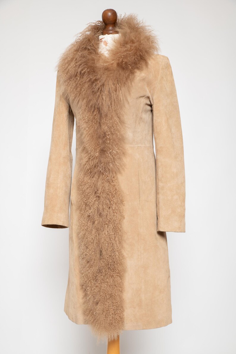 Vintage Penny Lane coat beige real curly fluffy llama mongolian fur trim boho hippie afghan spring real suede leather jacket • Size S image 9