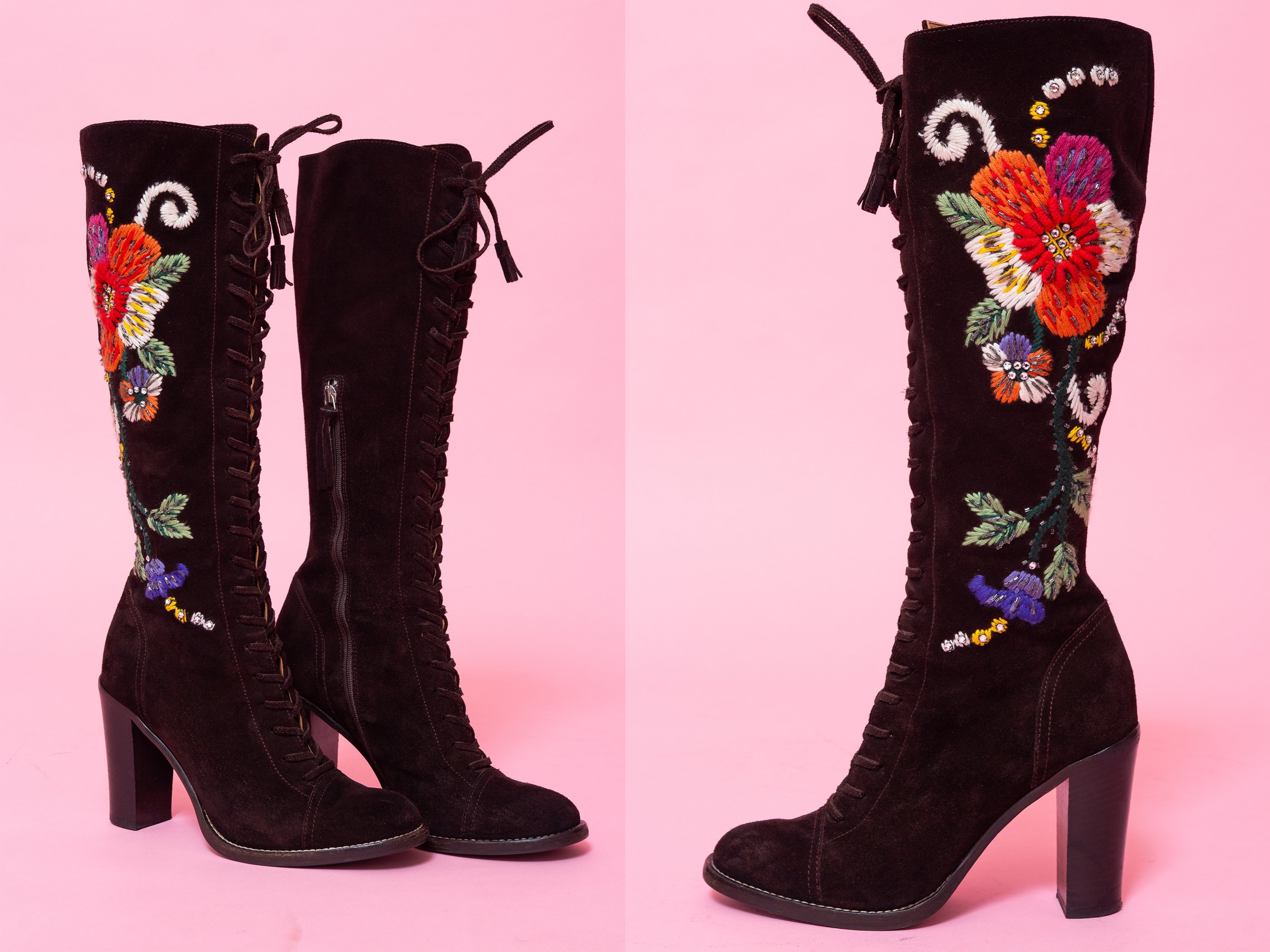 Iconic Collectible MIU MIU Floral Embroidered Suede Boots. 1960s