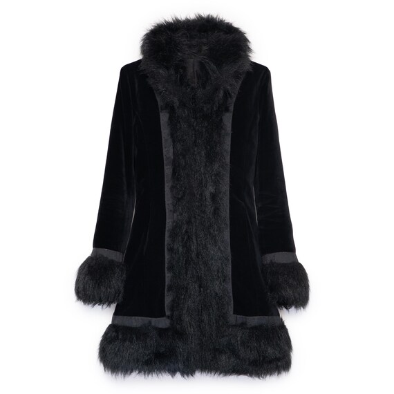 Vintage Faux Fur Velvet Coat Black Fluffy Penny Lane Afghan 70s