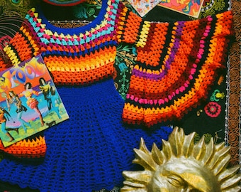 True handmade "M A R I J K E" bell sleeve 1960s inspired colorful crochet dress. Rainbow psychedelic crochet mini dress