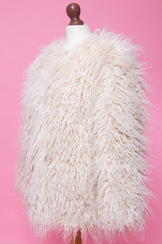 Shaggy cream faux mongolian tibetan fur vegan coa… - image 9