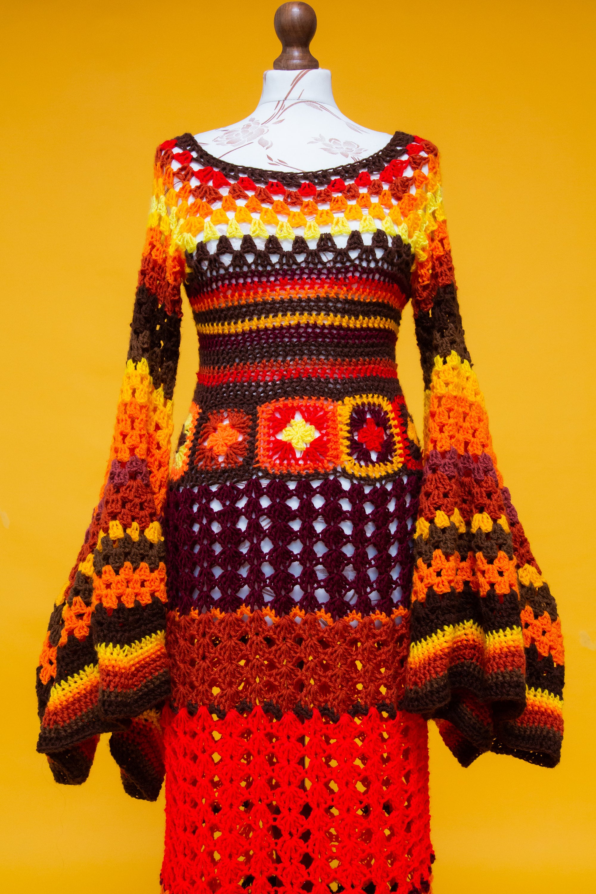 Striped crochet knit maxi dress handmade bell sleeve color block ren faire stevie nicks whimsigoth boho festival mermaid sweater dress
