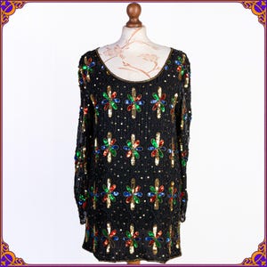 INCROYABLE mini-robe / tunique à sequins vintage unique des années 1980. Robe en soie à sequins et perles | Robe art à porter rare ornée à la main