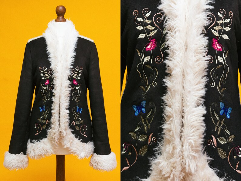 Unreal! 1960's 1970's afghan inspired faux fur vagan jacket with beautiful floral embroidery. Penny Lane vibes! 