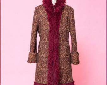 INCREDIBLE RARE vintage wool tapestry coat with faux fur. One of a kind boho hippie afghan coat. Penny Lane coat! Size L