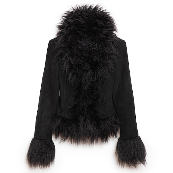 Vintage Faux Fur Y2k Afghan Jacket. Fluffy 2000s Black Vegan 70s