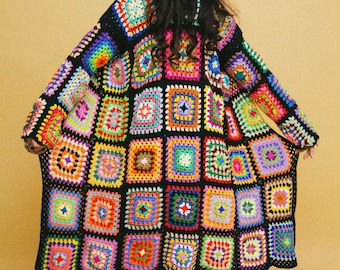 Wonderful rainbow psychedelic granny square colorful crochet afghan coat. TRUE HANDMADE 1970&#39;s inspired hippie afghan coat