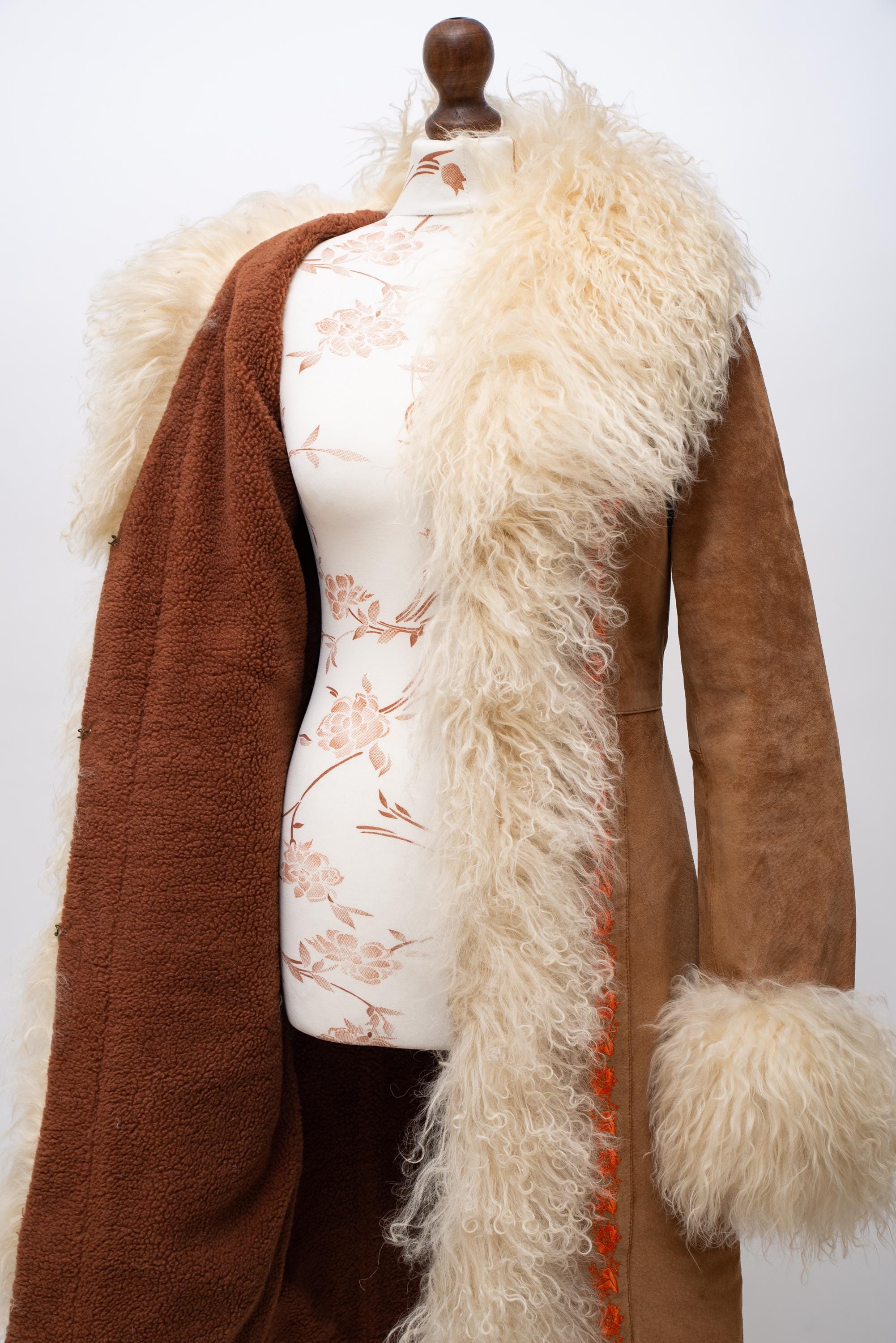 ジャケット・アウター 90s- wool alpaca shaggy long coat Vintage Penny Lane Coat Real Lama Mongolian Fur Embroidered Suede