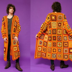 THE DREAMERS crochet coat. Wonderful electric orange granny square colorful coat. 100% HANDMADE 70s inspired hippie afghan coat