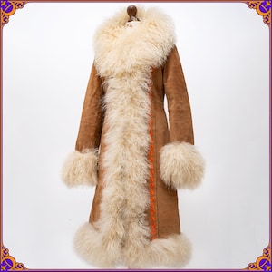 ICONIC AFGHAN COAT ! Vintage embroidered suede mongolian lamb fur coat. Rare Penny Lane 70s fur trim coat. Boho hippie shaggy princess coat