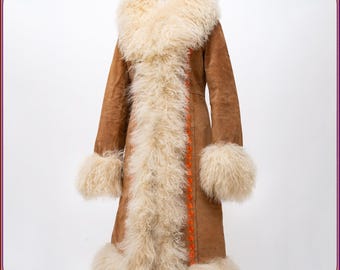 ICONIC AFGHAN COAT ! Vintage embroidered suede mongolian lamb fur coat. Rare Penny Lane 70s fur trim coat. Boho hippie shaggy princess coat