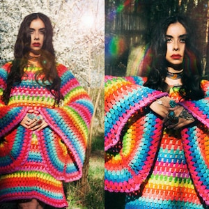Magical psychedelic FANTASIA NEON 1970s inspired psych mod rainbow bell sleeve crochet dress. image 8