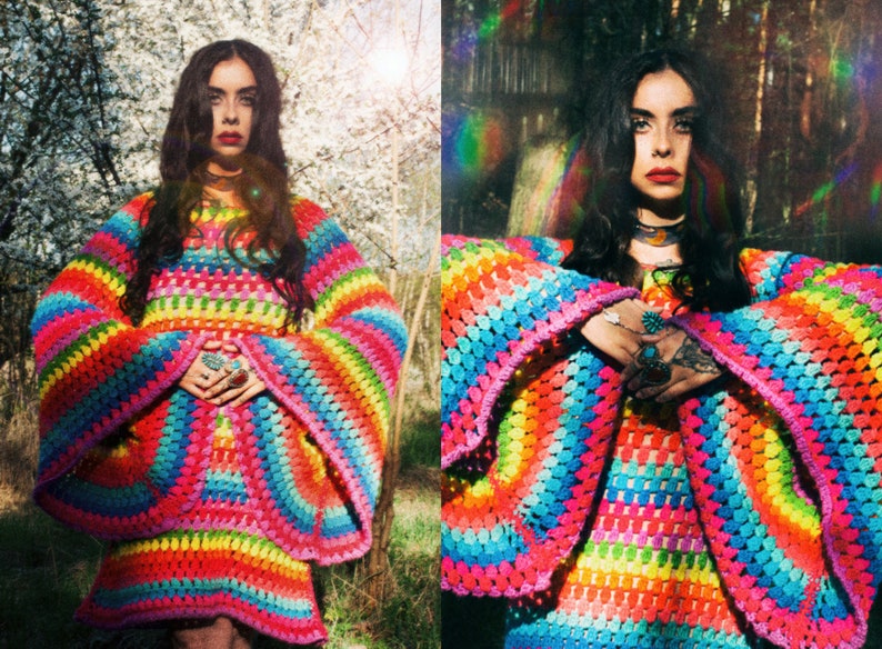 Magical psychedelic FANTASIA NEON 1970s inspired psych mod rainbow bell sleeve crochet dress. image 8