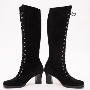 Vintage Victorian Lace up Boots Rare 60s Black Suede Knee High
