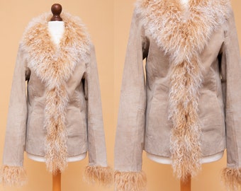 PENNY LANE COAT! Beautiful vintage 70s style suede leather & mongolian tibetan sheep fur jacket