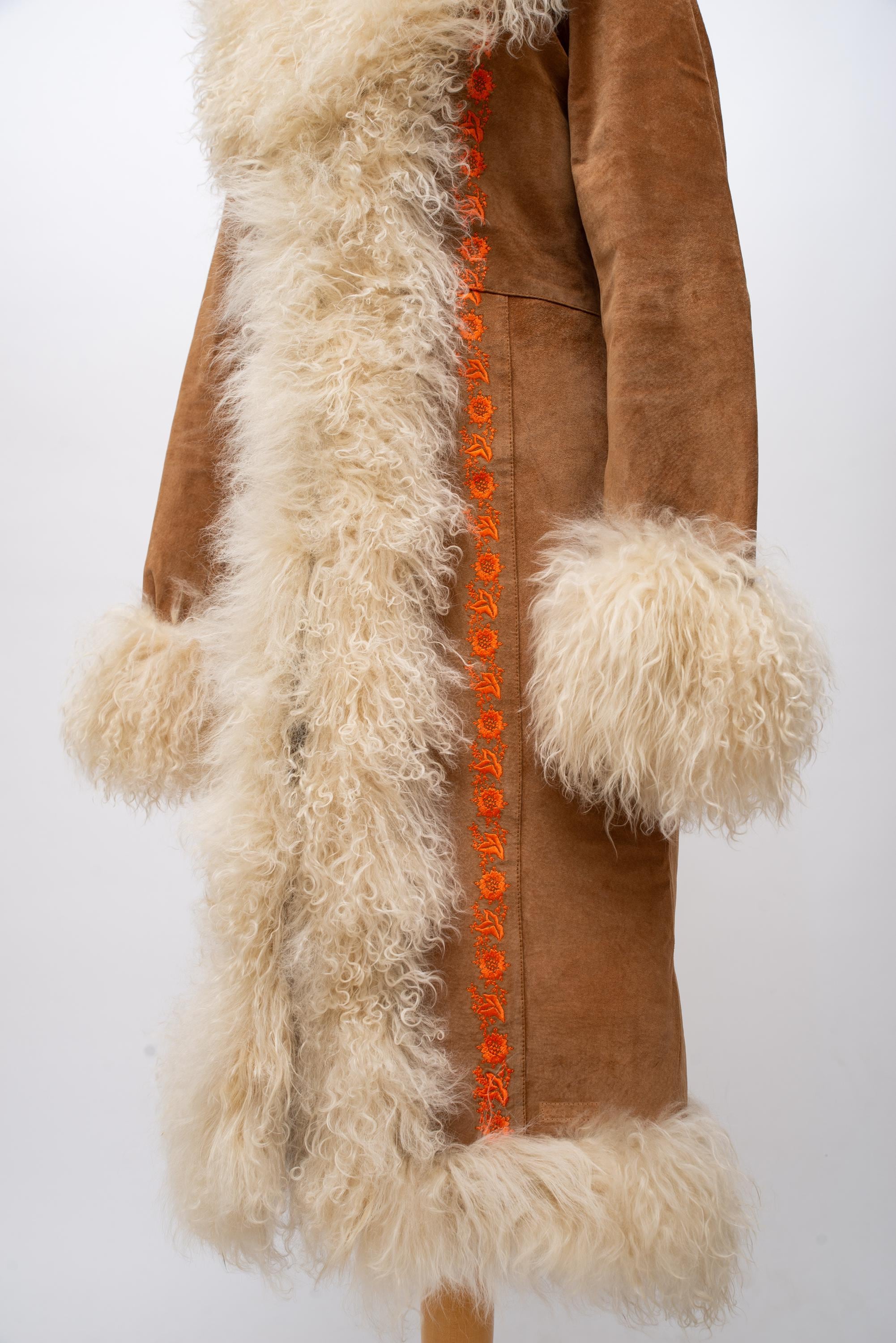 Vintage Penny Lane Coat Real Lama Mongolian Fur Embroidered Suede