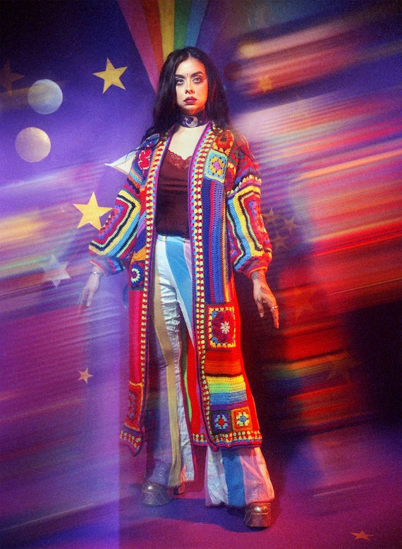 Bright boho cardigan for spring rainbow crochet duster zigzag patchwork sweater trippy festival psychedelic whimsical knitwear. Free size