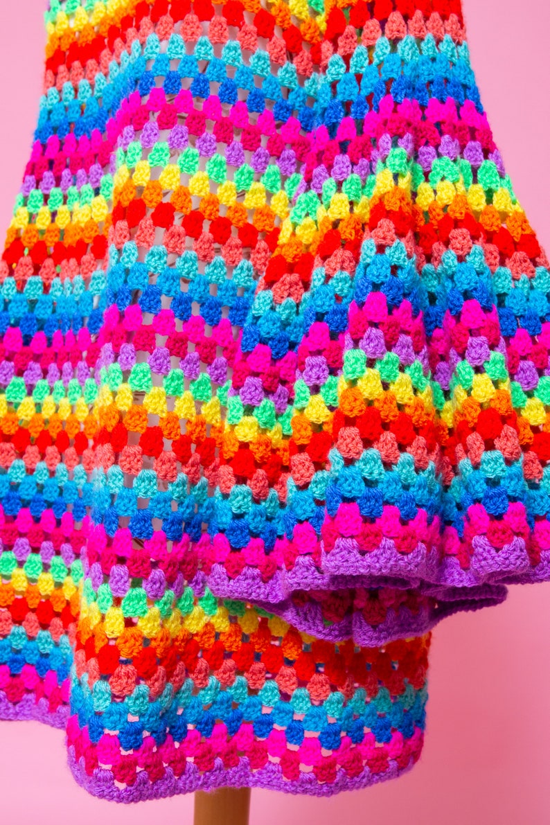 Magical psychedelic FANTASIA NEON 1970s inspired psych mod rainbow bell sleeve crochet dress. image 6