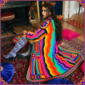 Dreamy W O N D E R W A L L hand knitted colorful neon crochet coat. 100% handmade zigzag multicolor crochet coat. 70s afghan coat. Free size