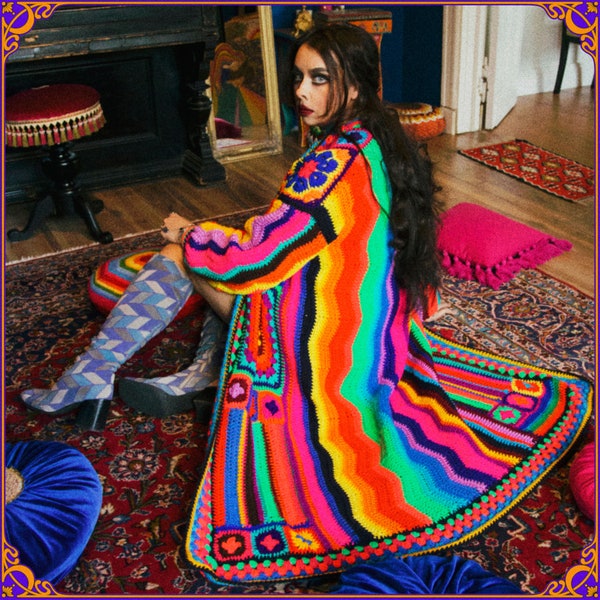 Magical "W O N D E R W A L L"  hand knitted neon crochet coat. TRUE HANDMADE with love zigzag multicolor trippy coat