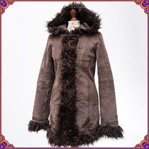 RARE vintage 70s style woodstock real leather embroidered afghan faux fur coat with hood. 70s Penny Lane Daisy Jones Hippie Boho. Size S