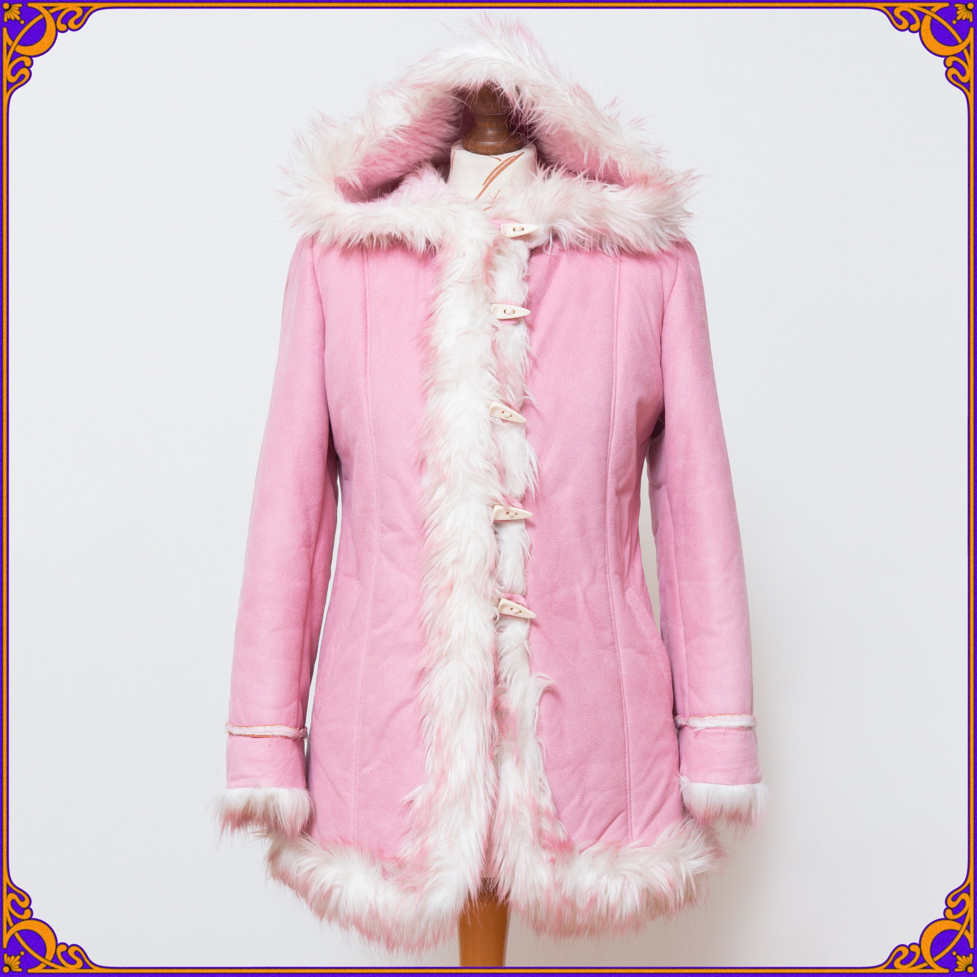 Cute 70s Inspired Pink Faux Suede & Vegan Fur Jacket With Hood