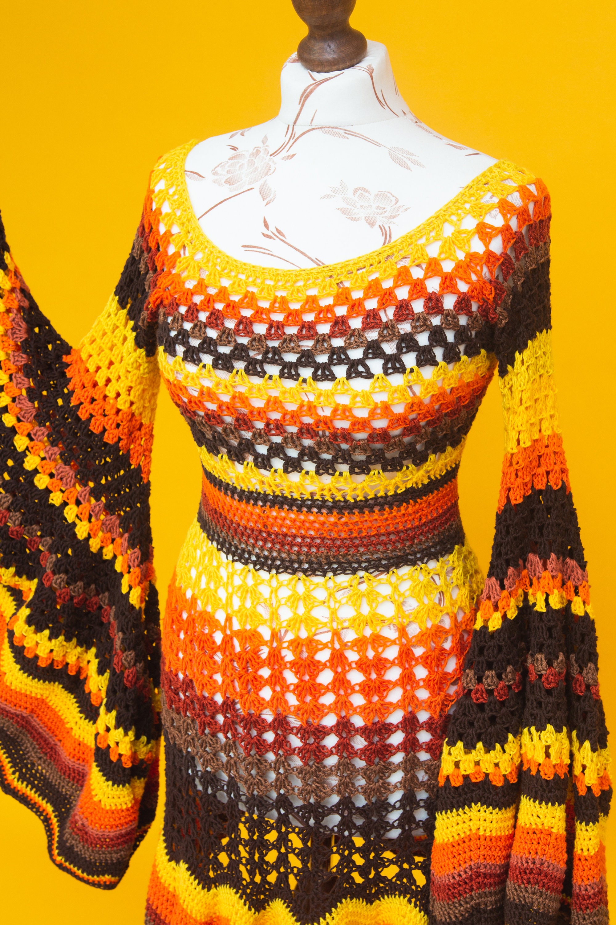 1960s 70s Pink + Yellow = Orange Yarn Crochet Mini Dress