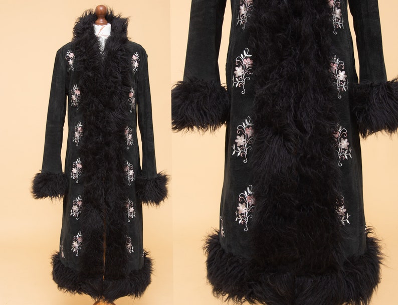 Vintage 1970s style black embroidered suede Penny Lane afghan coat with faux mongolian  sheep fur trim. Incredibly rare! 