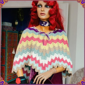 Groovy handmade colorful zig zag hand knitted crochet cape. Crocheted rainbow capelet. Festival colorful crochet cape. Size small to large