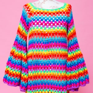 Magical psychedelic FANTASIA NEON 1970s inspired psych mod rainbow bell sleeve crochet dress. image 2