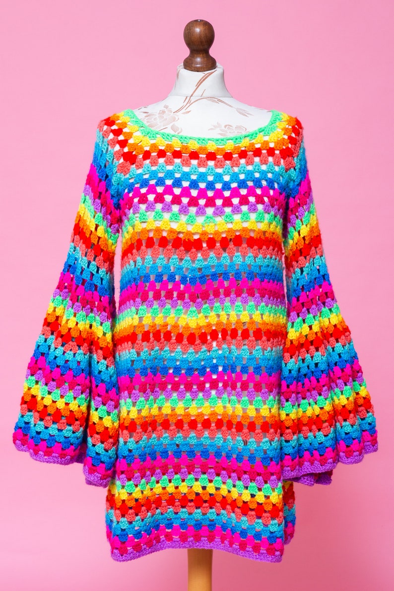 Magical psychedelic FANTASIA NEON 1970s inspired psych mod rainbow bell sleeve crochet dress. image 2