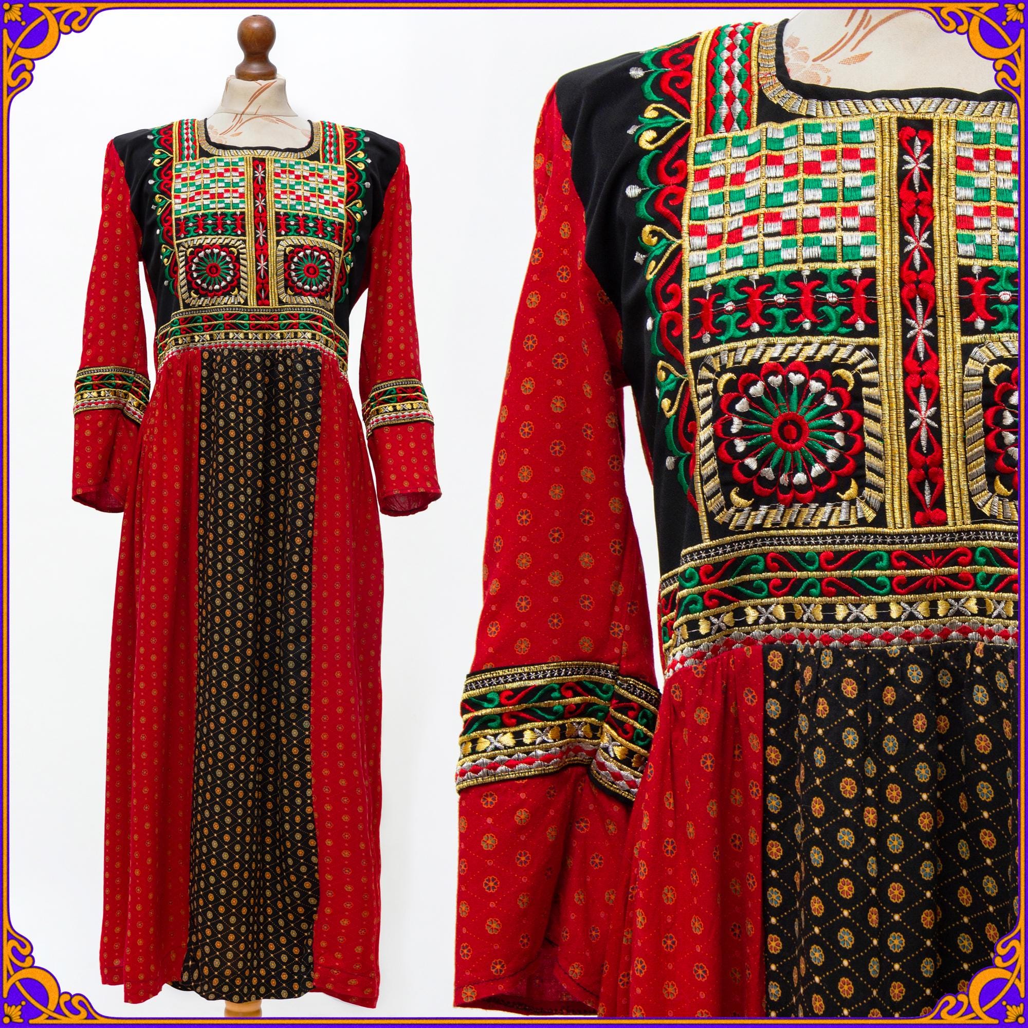 Traditional antique ceremonial Afghan dress. Hand embroidered with metallic threads maxi dress. Handmade traditional folk dress. Size M